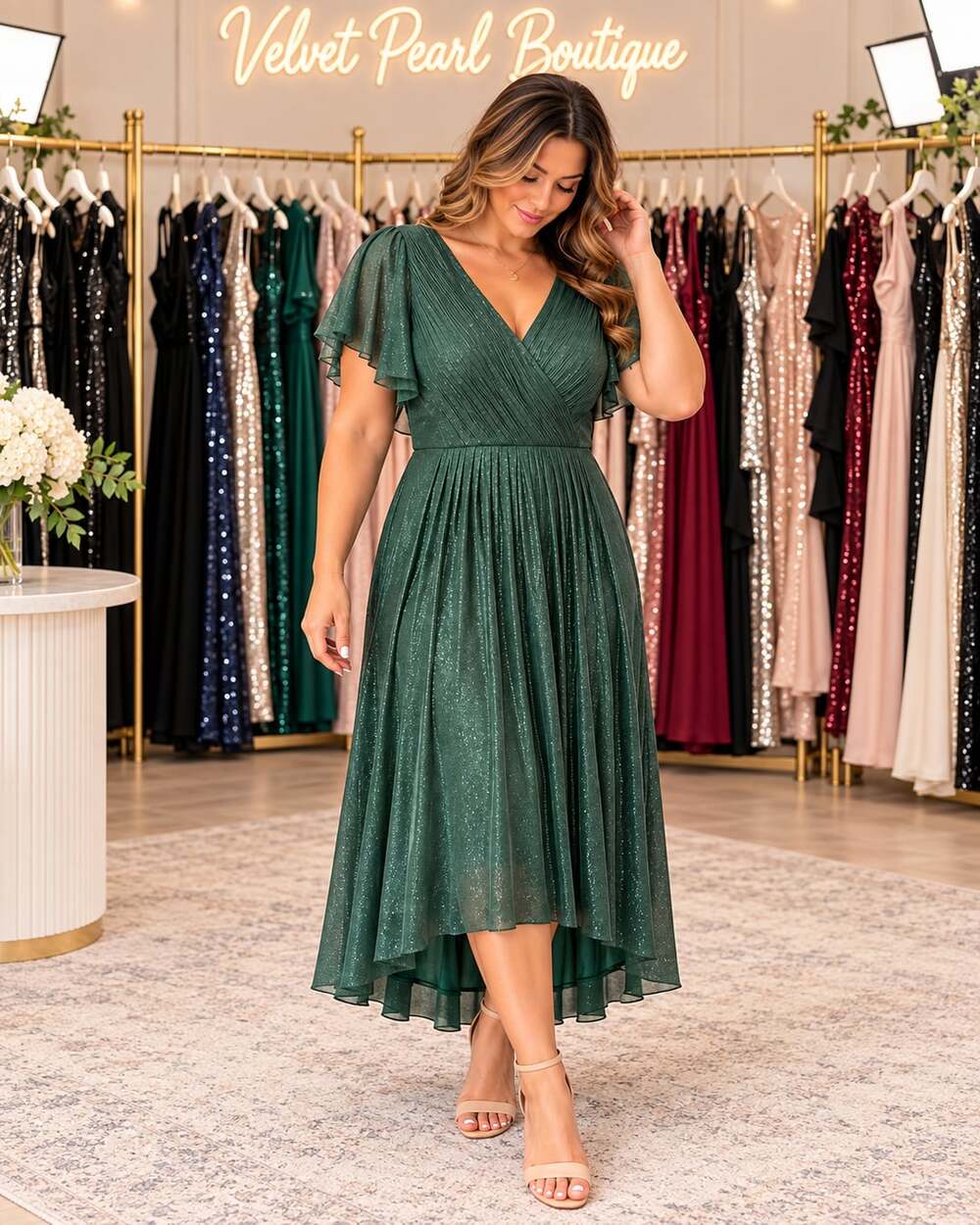 Ever Pretty Green Glitter Pleated V-Neck Ruffle Sleeve Midi Dress